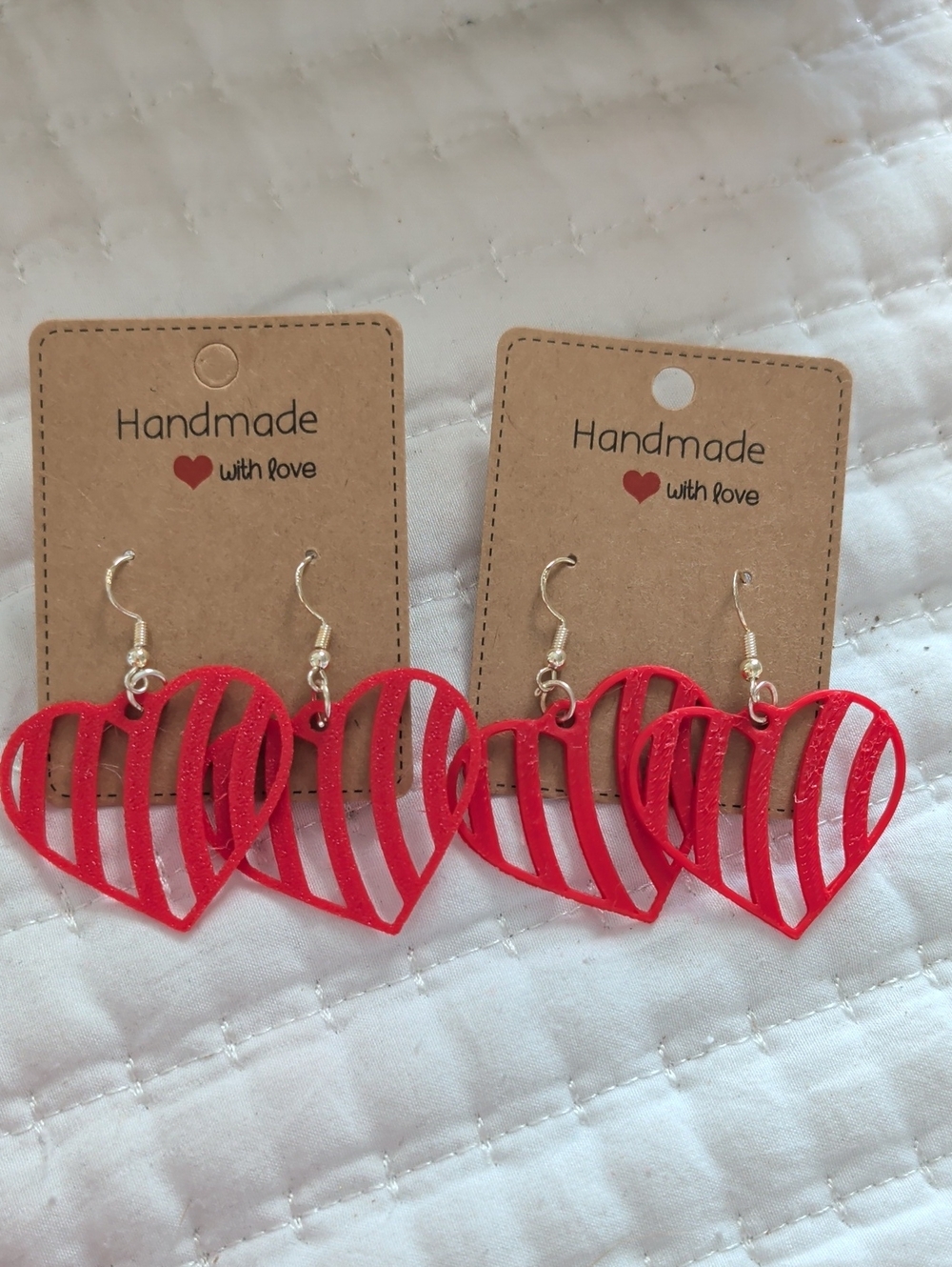 Hand Crafted Red Heart Dangle Earrings- Set 2 - Picture 4 of 5